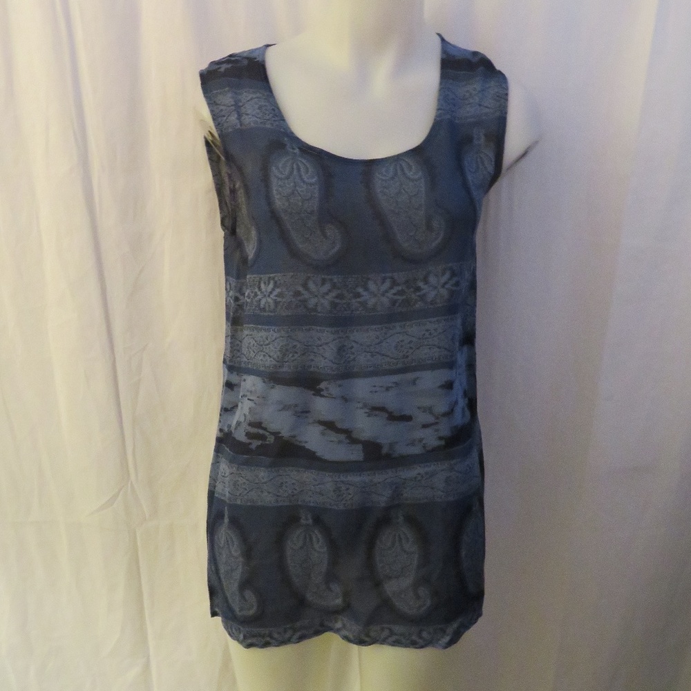 RODIER BLUE BLACK PAISLEY SHEER SLEEVELESS TOP S